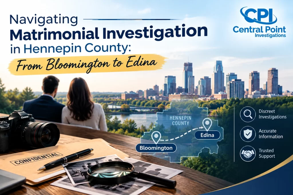 Matrimonial investigator conducting confidential case review in Hennepin County, MN