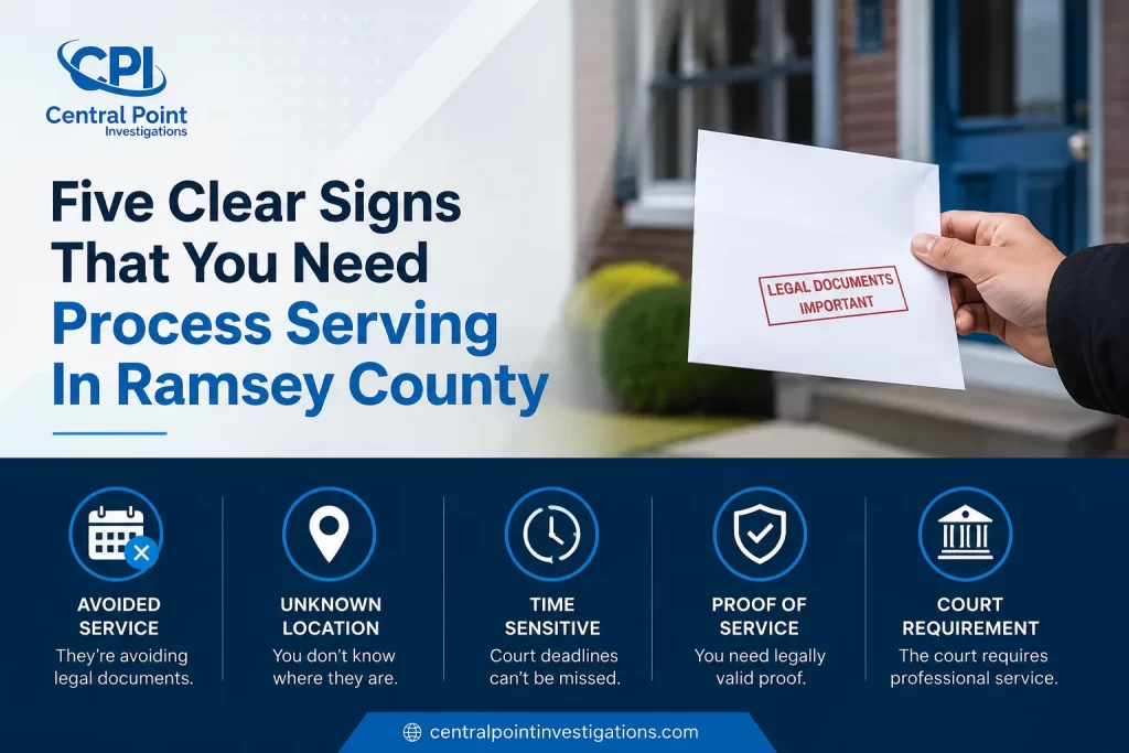 Professional process server preparing legal documents for service in Ramsey County, Minnesota
