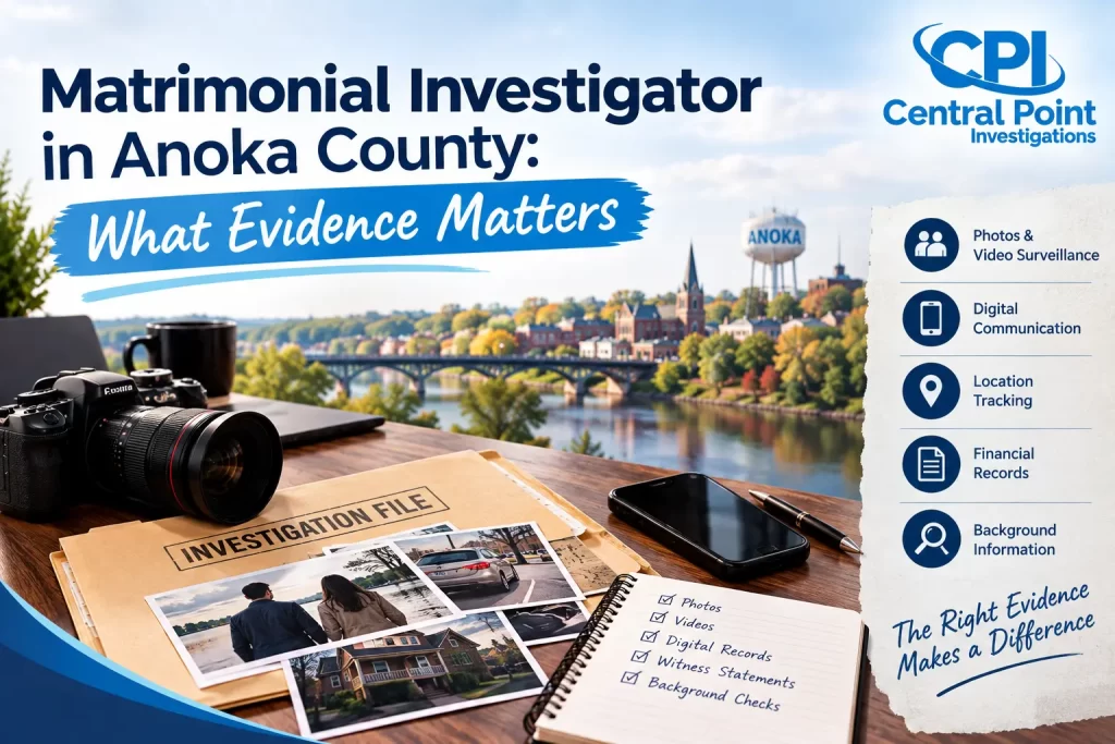 Matrimonial investigator documenting evidence during lawful surveillance in Anoka County